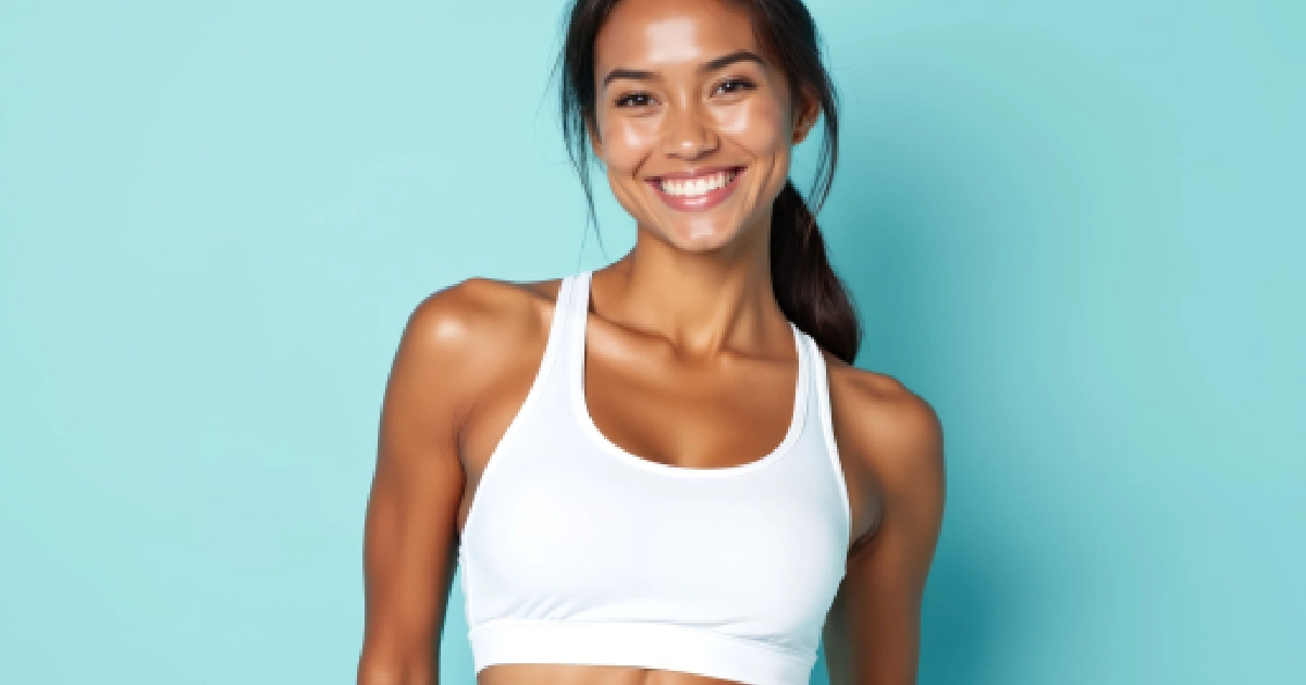 Fit woman in white athletic wear smiles against a blue background during LPG® Endermologie in Brooklyn.