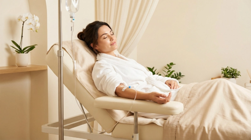 Patient receiving an IV vitamin infusion to support immunity, hydration, wellness, and recovery in a medical spa